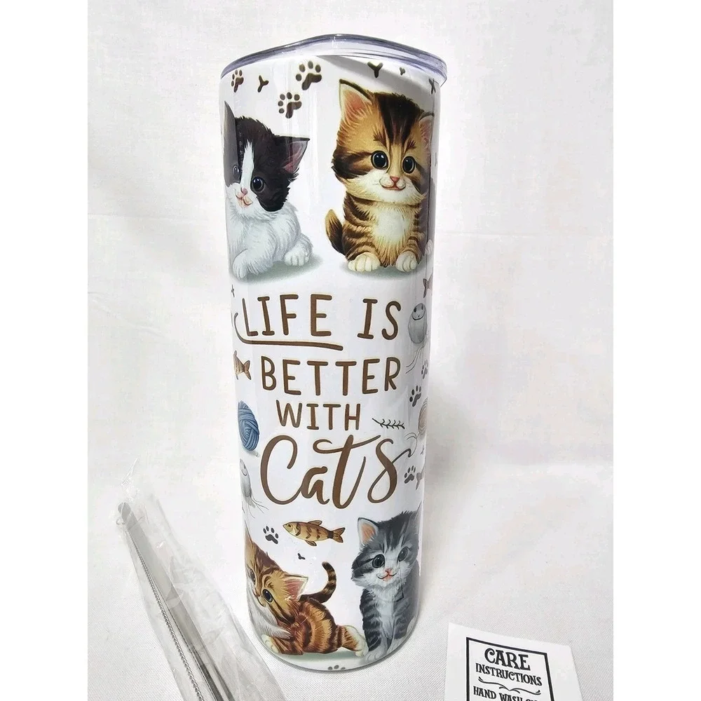 Life Is Better With Cats Kittens Pet Toys 20oz Stainless Steel Skinny Tumbler
